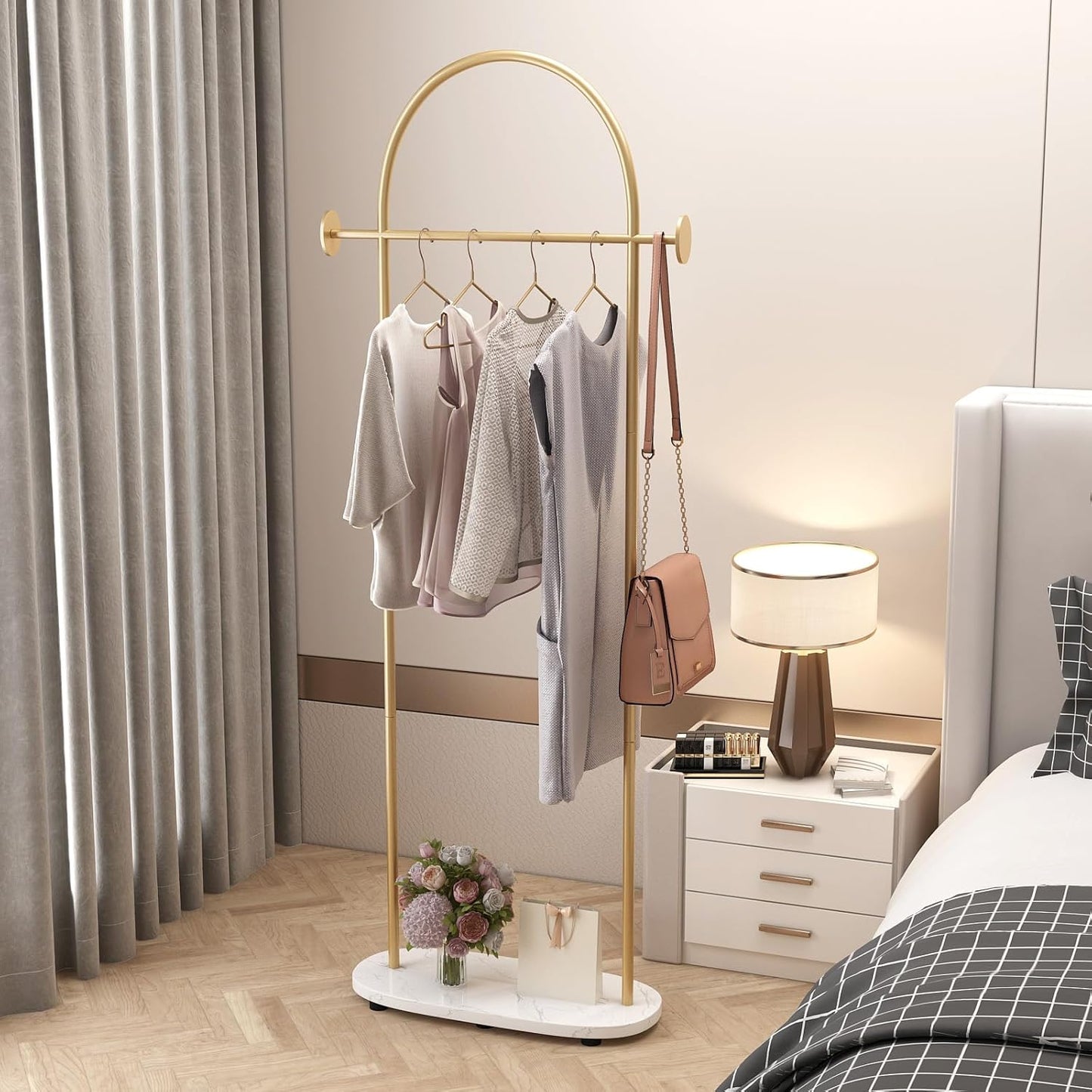 Gold Clothing Rack, Modern Clothes Rack with Shelf, Heavy Duty Freestanding Coat Rack, Metal Coat Hanger Stand with Hooks for Boutique Office