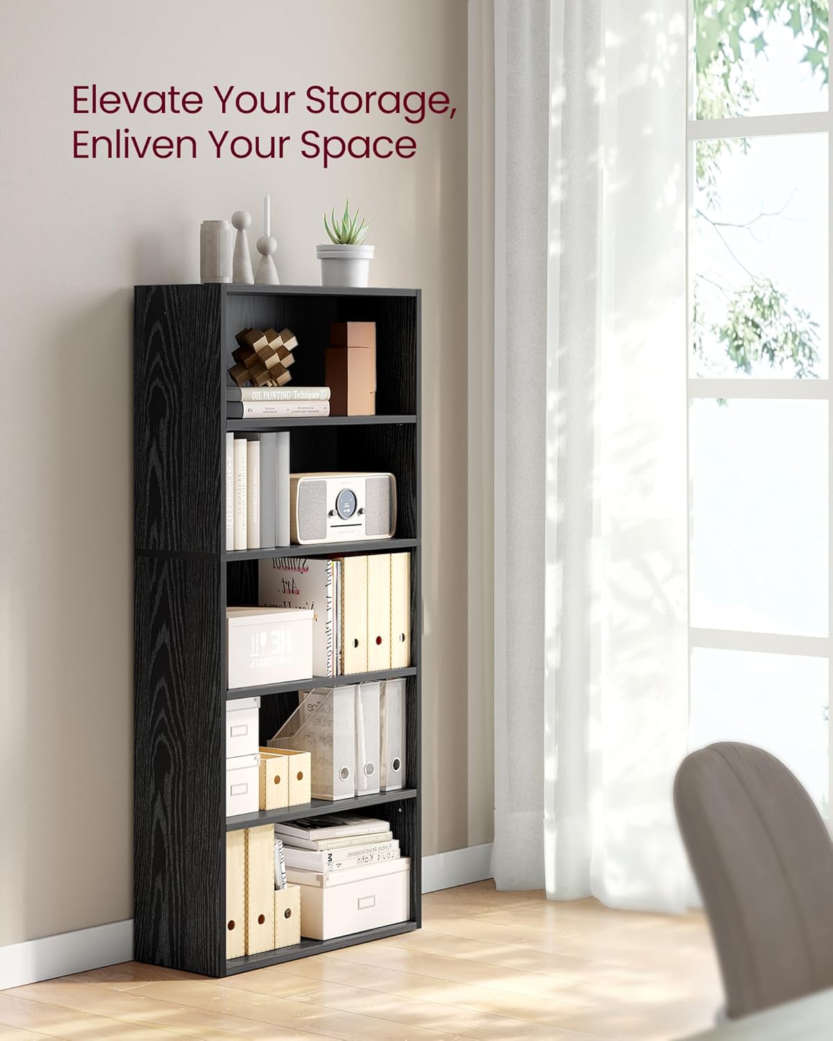 VASAGLE CUSTOS Collection - Bookshelf, 5-Tier Bookcase, Book Shelf, Open Storage Shelf, 9.4 x 23.6 x 52.8 Inches, for Living Room, Home Office, Dinning Room, Ebony Black ULBC165T56