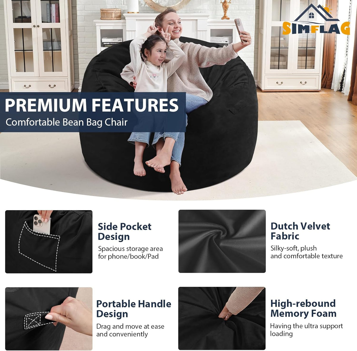 3FT Bean Bag Chair, Comfy Bean Bag Chairs with Memory Foam Filled, Fluffy Beanbag Sofa with Dutch Velvet Cover, Round BeanBag Chairs for Living Room, Playroom - Black