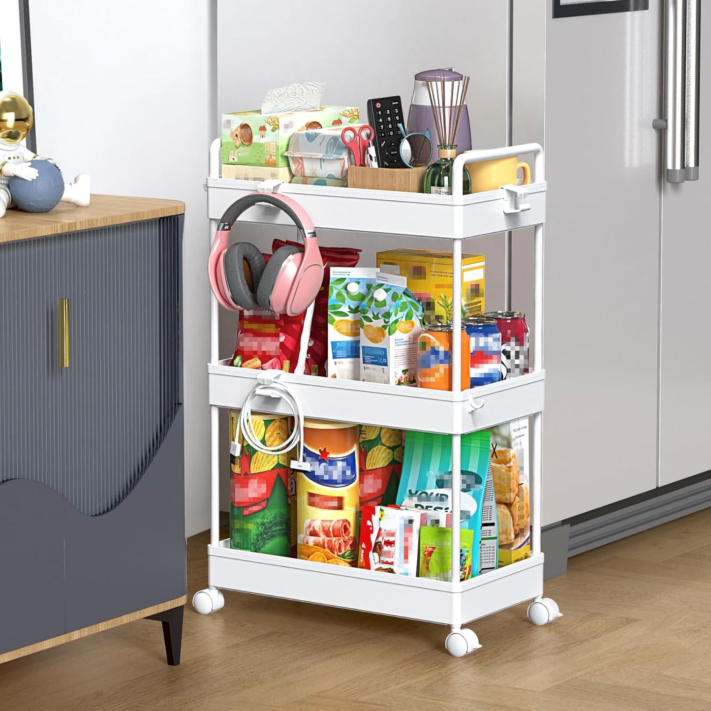 SOLEJAZZ 3 Tier Rolling Storage Cart with Wheels Slim Craft Nail Makeup Snack Art Baby Utility Cart Organizer on 2 Lockable Wheels for Bathroom Laundry Room Kitchen Bedside Narrow Spaces, White