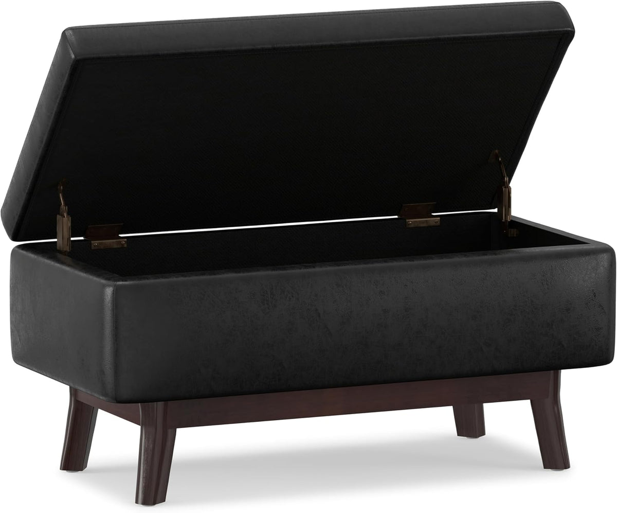 SIMPLIHOME Owen 36 inch Wide Mid Century Modern Small Rectangular Storage Ottoman in Distressed Black Vegan Faux Leather, Assembled, For the Living Room, Entryway and Family Room