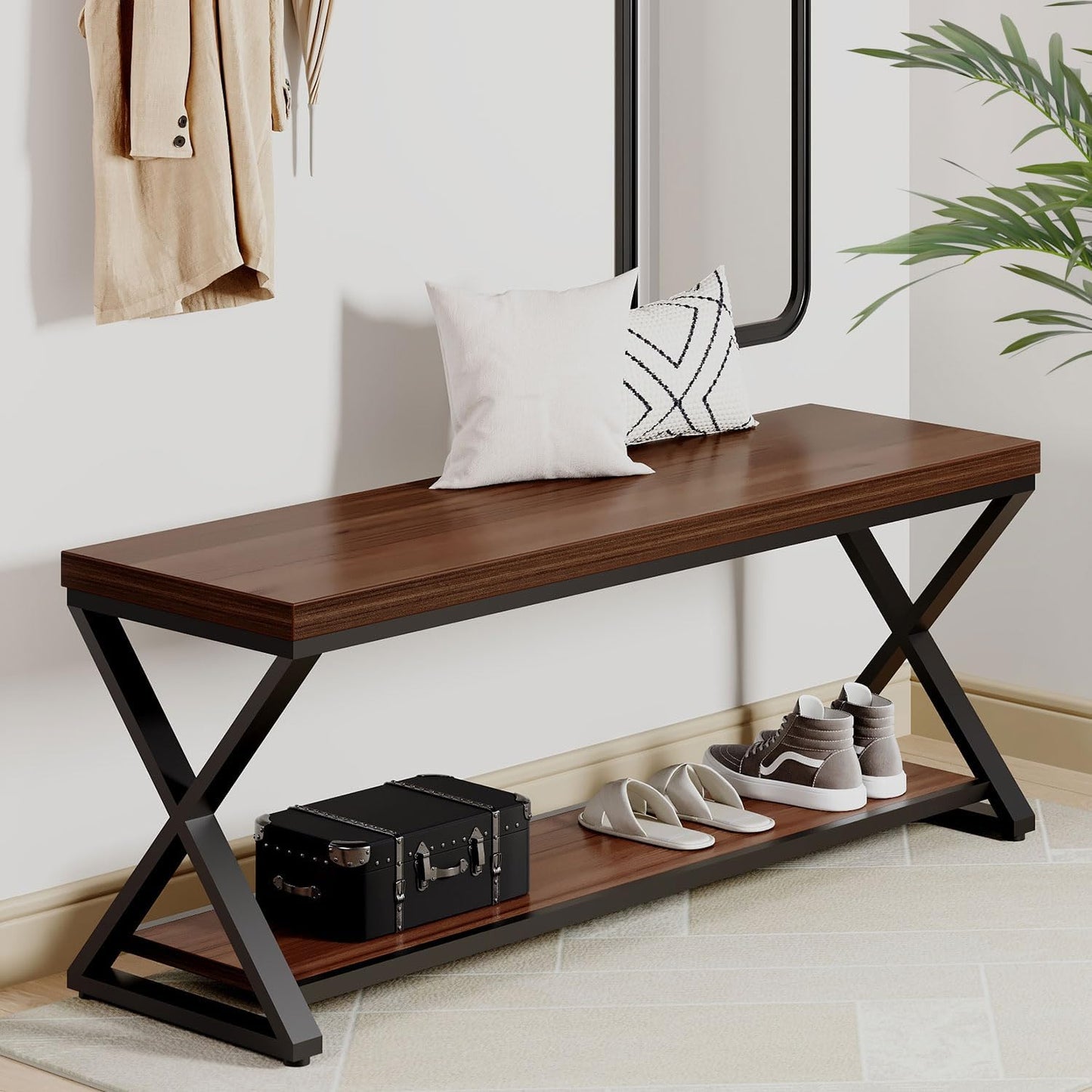 IBF Wood Entryway Bench Indoor, Industrial Wooden Metal Entry Shoe Storage Bench in Bedroom, Farmhouse Hallway Shoe Rack Bench Seating for Foyer Living Dining Room End of Bed, Walnut, 47 Inch