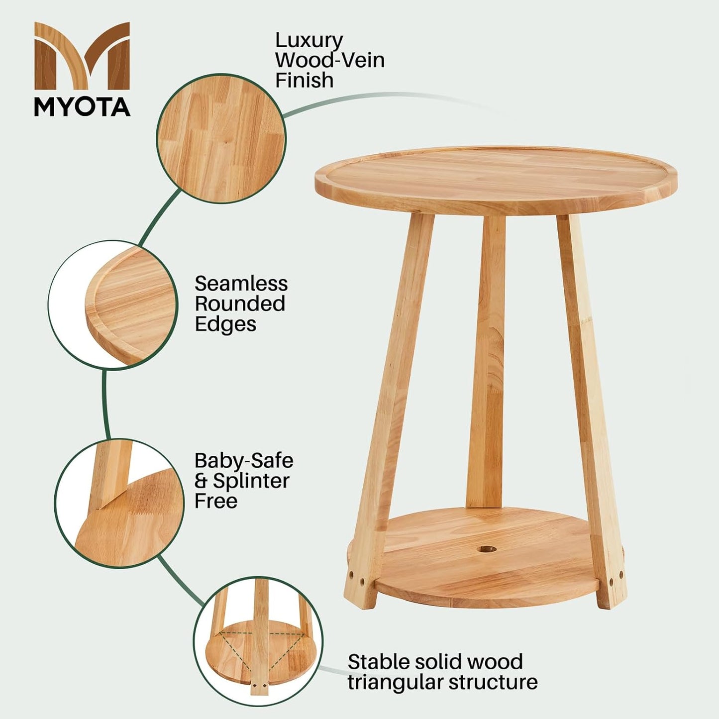 Round Solid Wood Side Table - Small Round Wooden End Table, Modern Living Room Side Beside Tables with Shelf for Couch Sofa Armchair Office Bedroom, Natural, 19.6 in x 19.6 in x 23.6 in
