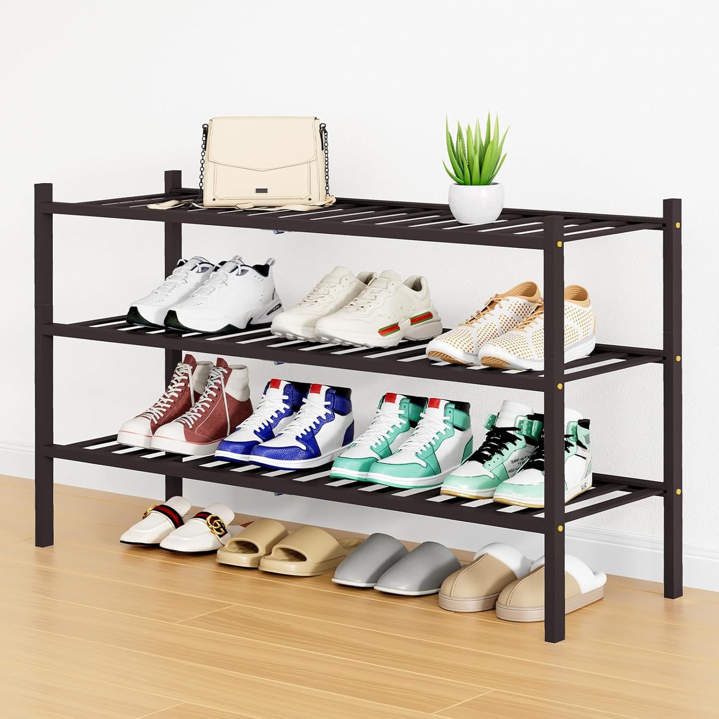 Smiry Shoe Rack, 3 Tier Long Bamboo Shoe Organizer, Stackable Free Standing Wooden Shoe Storage Shelf for Closet, Entryway, Front Door Entrance, Brown