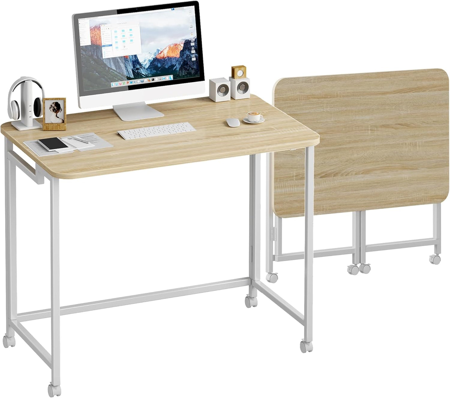 JSB Small Folding Computer Desk with Storage Bag and Hook Writing Modern Industrial Work Table Laptop for Home Office White (Natural & White, 31.5")