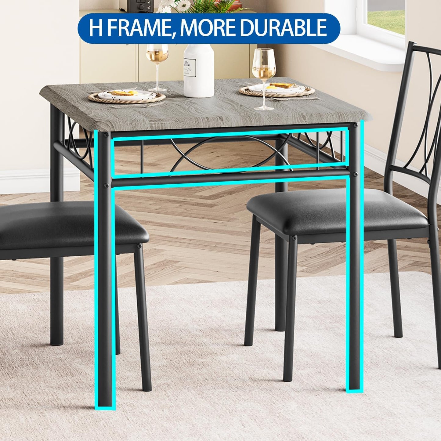 GarveeHome Small Dining Table Set for 2, Square Table and Chairs Set of 2, 3 Piece Kitchen Table Set of 2 with Upholstered Chairs, Dinner Table Set for 2 for Small Spaces, Apartment, Rustic Gray