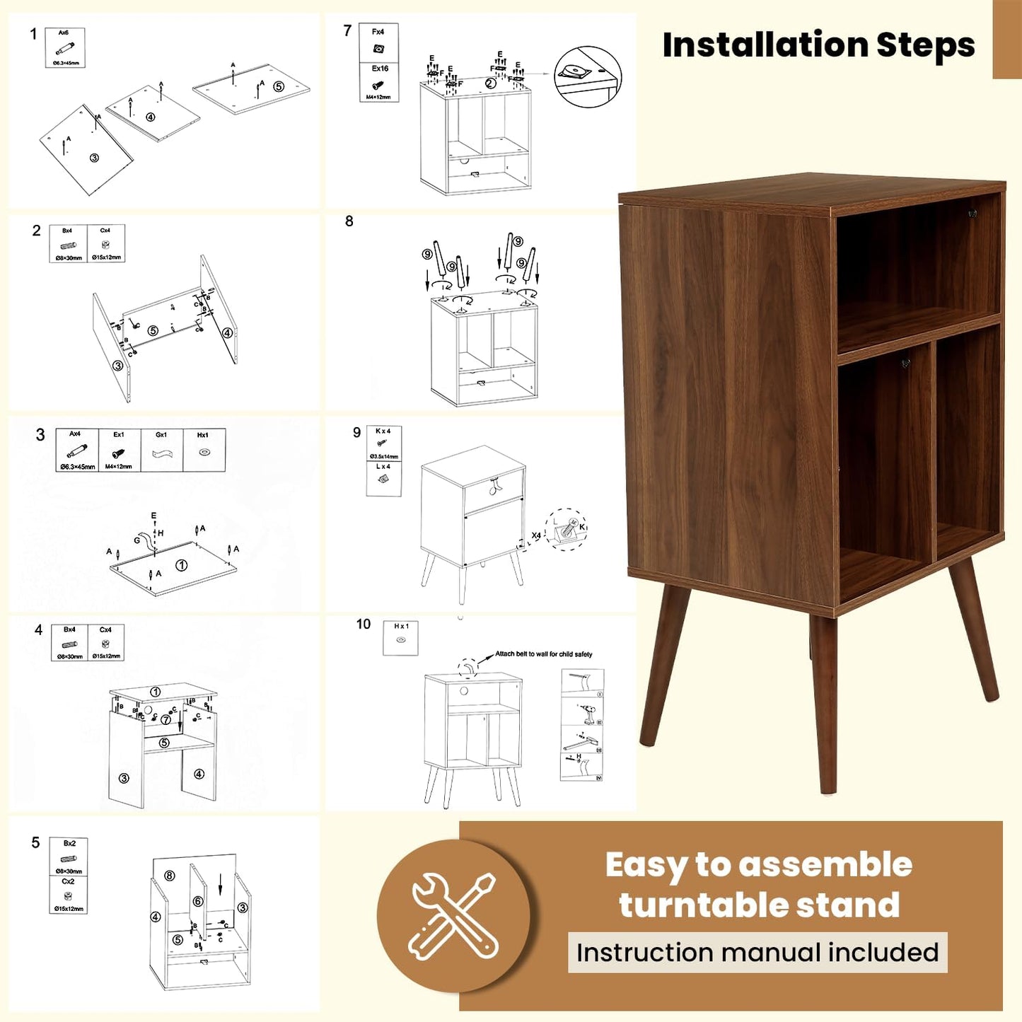 Record Player Table – 20 x 15.75 x 32 Inches- Vintage Decor Side Table with Wood Legs, Record Holder Stand - Walnut Finish Retro Furniture Storage Cabinet for Living Room, Bedroom, Kitchen