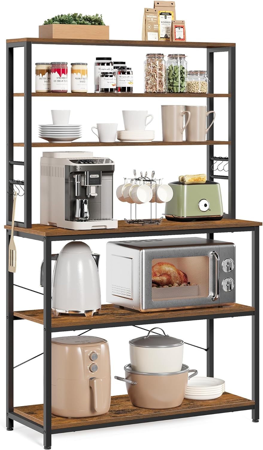 VASAGLE Coffee Bar, 39.4 Inches Baker's Rack for Kitchen with Storage, 6-Tier Kitchen Shelves with 6 Hooks, Microwave Stand, Industrial, Rustic Brown and Black UKKS039K01