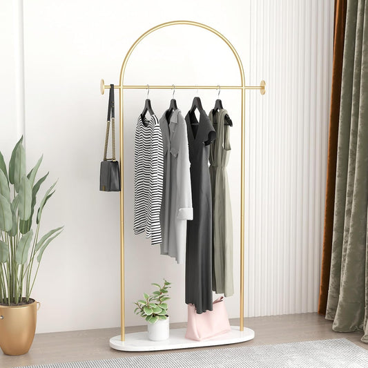 Gold Clothing Rack, Modern Clothes Rack with Shelf, Heavy Duty Freestanding Coat Rack, Metal Coat Hanger Stand with Hooks for Boutique Office