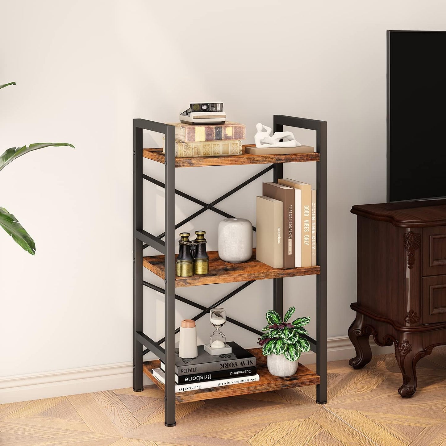 Homeiju Bookshelf, 3 Tier Industrial Bookcase, Metal Small Bookcase, Rustic Etagere Book Shelf Storage Organizer for Living Room, Bedroom, and Home Office(Rustic Brown) Patent Pending D29873033