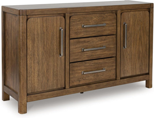 Signature Design by Ashley Cabalynn Farmhouse Glazed 2-Door Dining Server with Adjustable Shelves and 3 Drawers, Light Brown