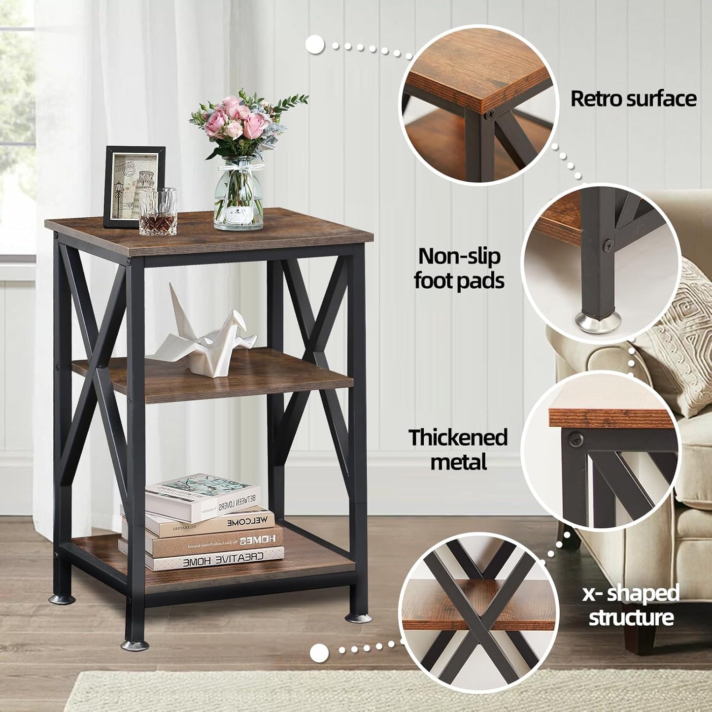 End Tables Living Room Set of 2 Farmhouse, Side Table with Storage Shelf, 16" W x 12" D x 24" H, 3 Tier Side Table Set of 2, X-Shaped Night Stands for Bedrooms, Coffee Table