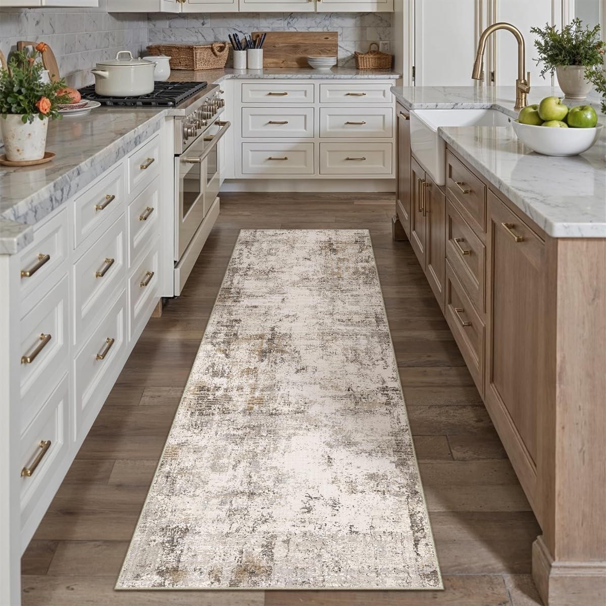 2x6 Washable Runner Rug Brown Grey Neutral Abstract Hallway Kitchen Living Room Bedroom Non Slip Throw Rug Soft Low Pile Indoor Carpet for Entrance Laundry Bathroom