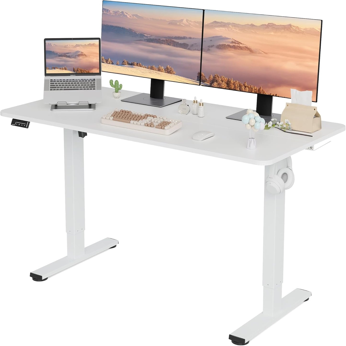 Electric Standing Desk Adjustable Height, 55x24 Inches Sit Stand up Desktop for Home Office, Ergonomic Rising Computer Table with Memory Preset, White