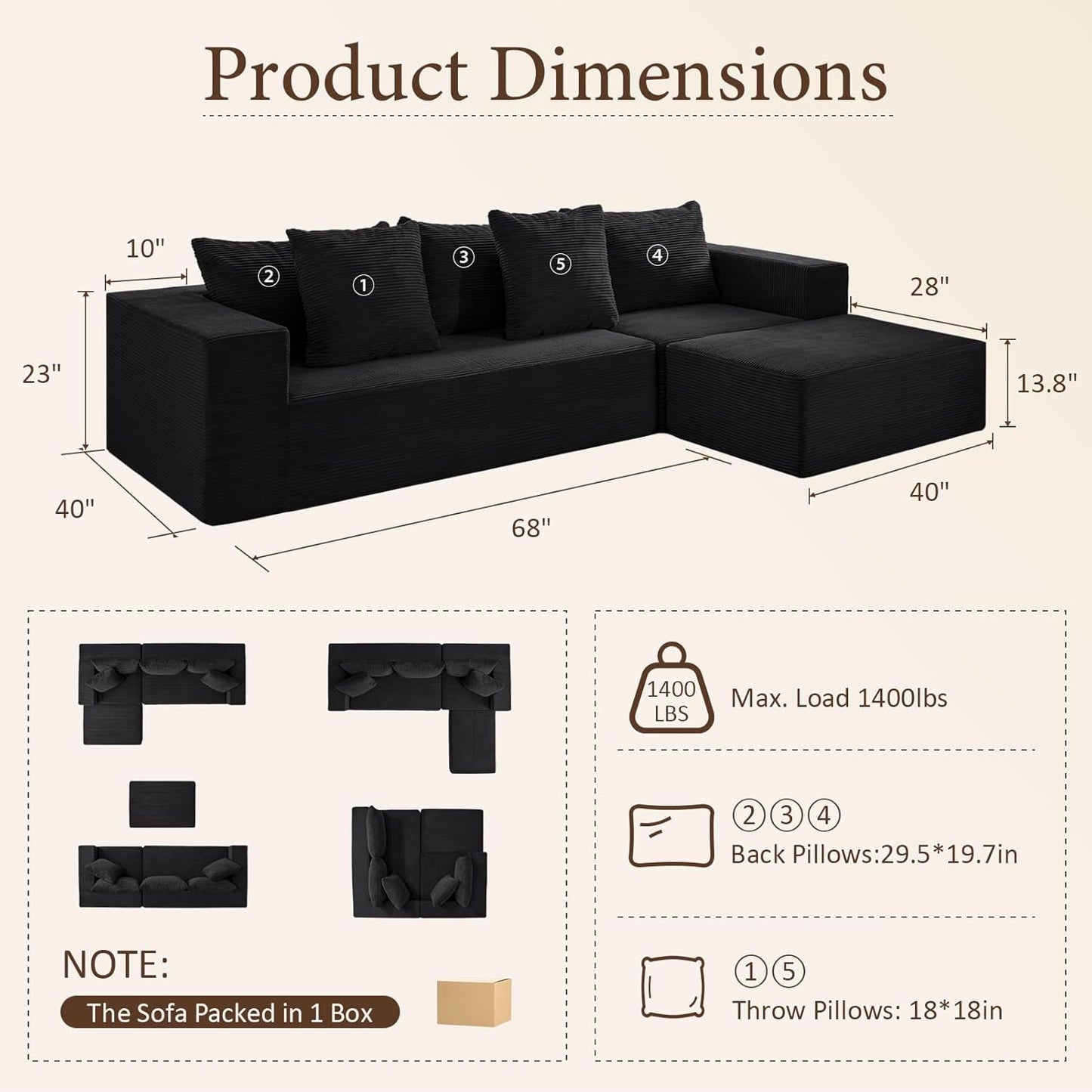 INGEROOM 108" Cloud Sectional Couch with L-Shape Chaise, Modular Sofa Memory Foam, Boneless Sofa with Movable Ottoman, Upholstered Couches for Living Room Bedroom, No Assembly Required, Black