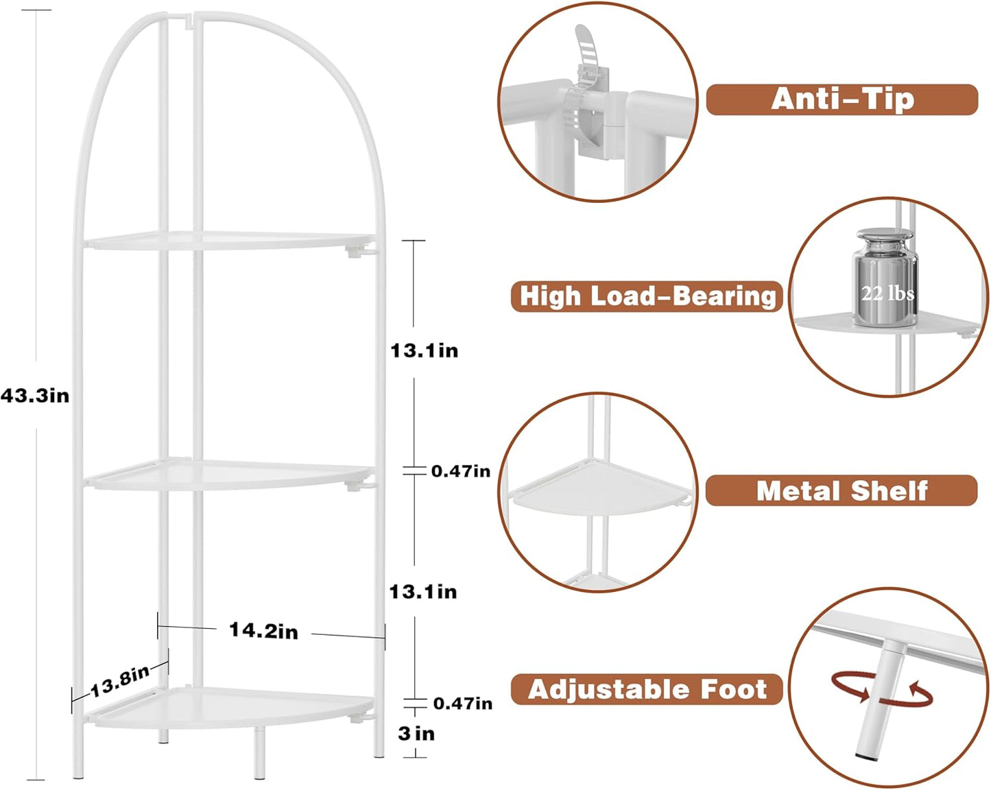 Crofy Foldable 3 Tier Corner Shelf, Metal Corner Plant Stand with White Frame and White Shelves, Corner Display Rack Multipurpose Shelving Unit for Living Room, Bedroom, Bathroom