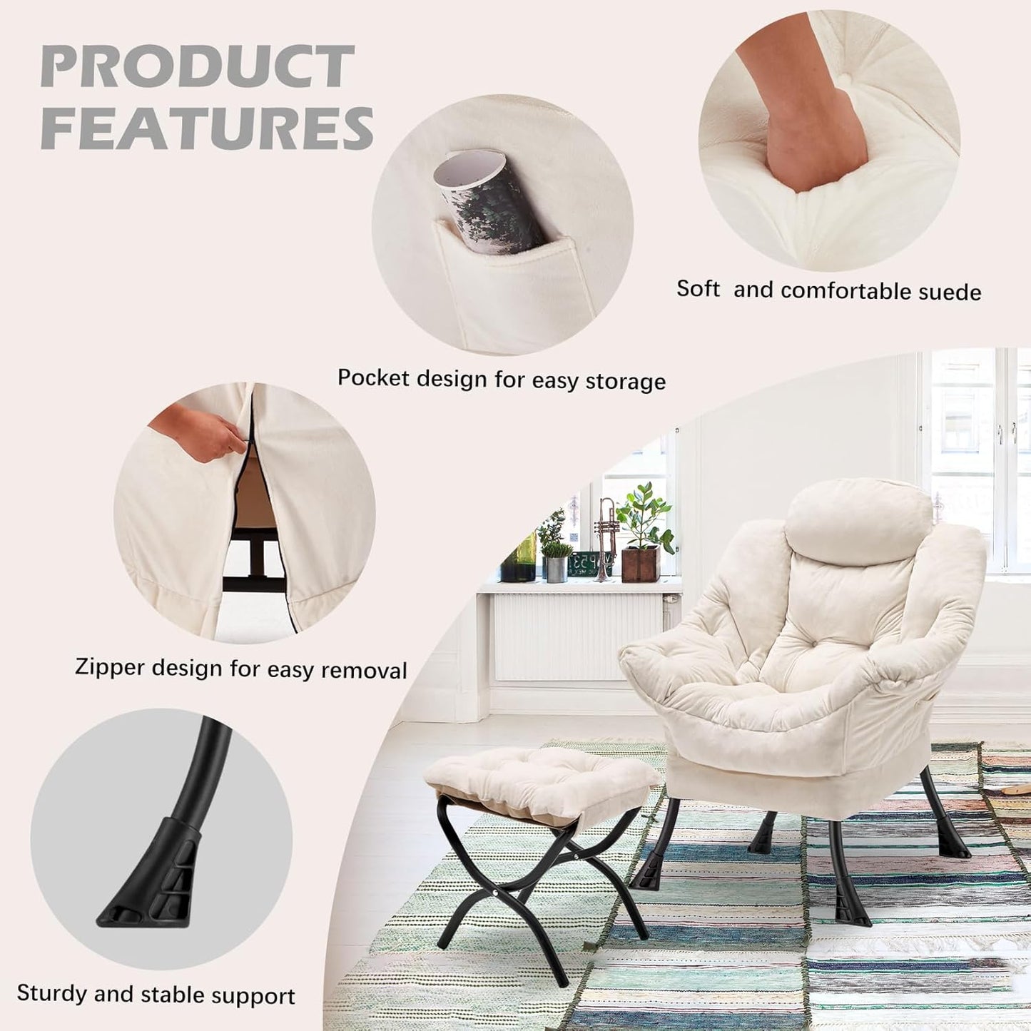 Lazy Chair with Folding Ottoman,Leisure Sofa Chair,Soft Fabric Armchair with Armrests and Side Pockets, Reading Chair with Footrest for Living Room, Bedroom, Office (Plush Beige)