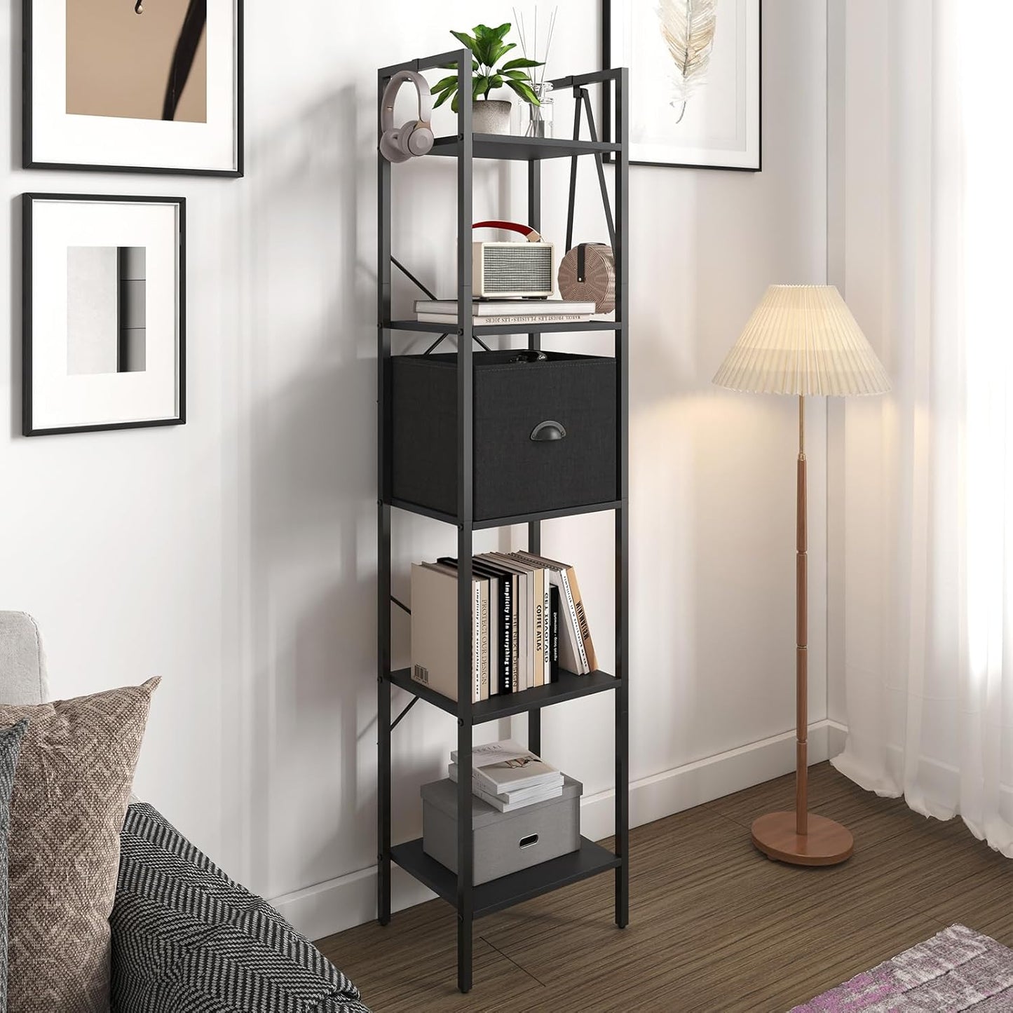 Generic 5 Tier Bookshelves,Tall Narrow Bookcases with Shelves, Bookcase Storage Organizer,Industrial Bookshelf with Drawer,Display Shelves Bookcases for Living Room, Bedroom,Kitchen and Office,Black