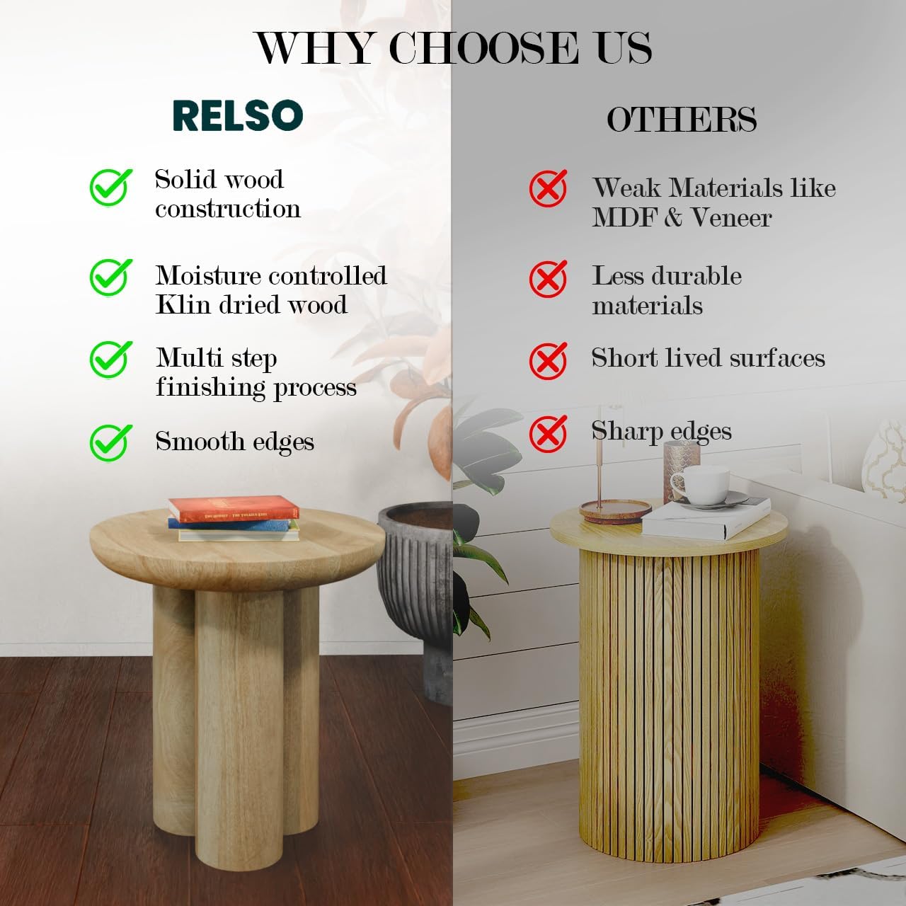 Relso Gaia Round End Table for Living Room and Farmhouse | Solid Mango Wood for Rustic Elegance | Ideal for Side Tables, Nightstands & More | Wood Side Table Round for Bedroom (Natural)
