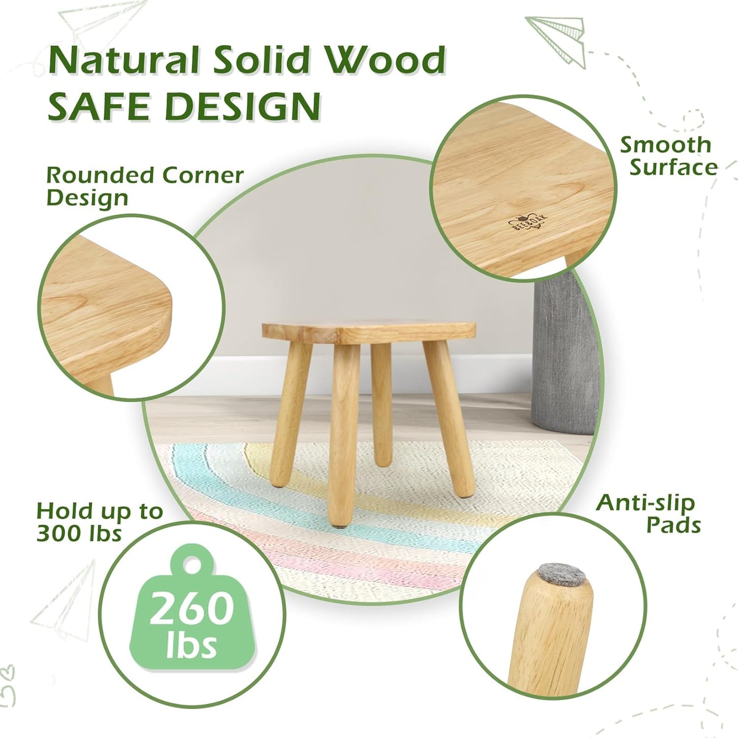 BEE&OAK Wooden Step Stools for Adults, Solid Rubber Wood Non-Slip Step Foot Stool, Heavy Duty 300 lbs One Step Stool for Bedroom, Bathroom, Kitchen (Natural, 9.25" (D) x 9.25"(W) x 8.86"(H))