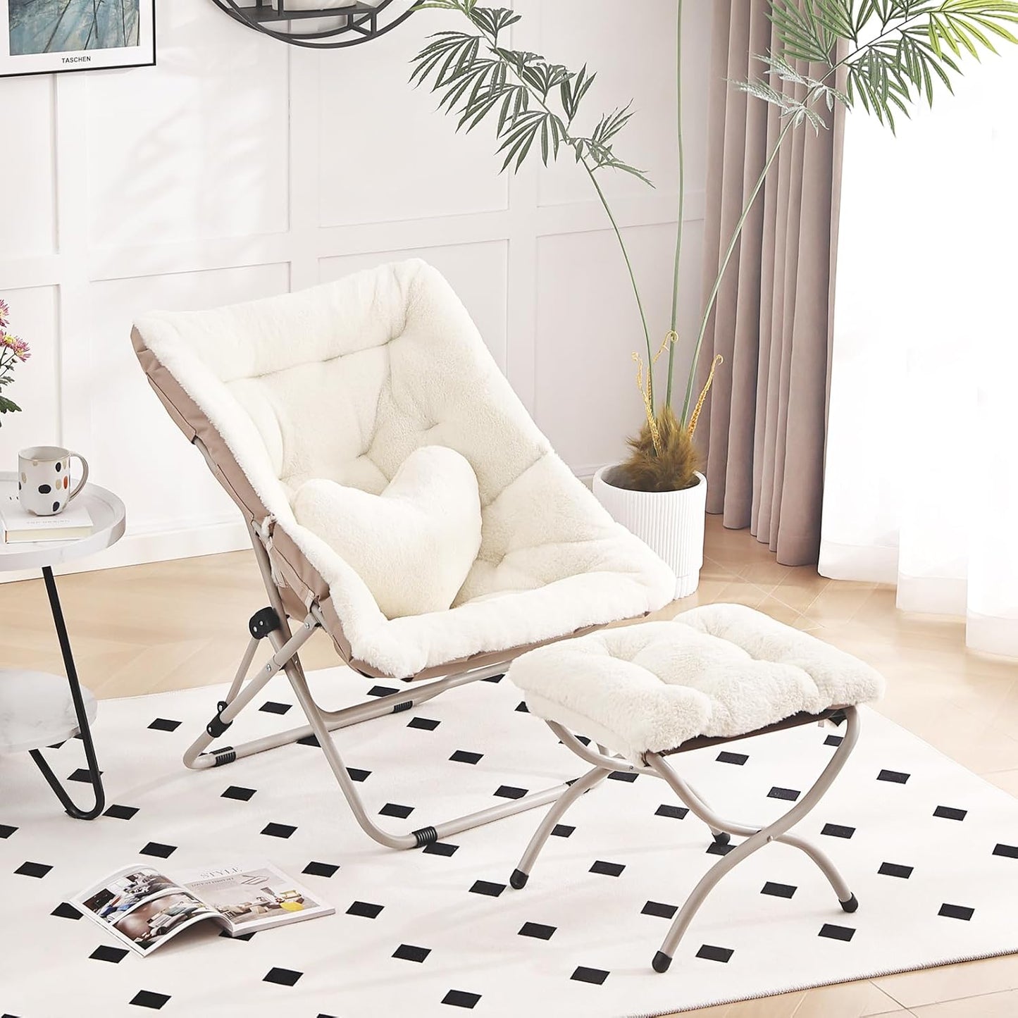 Saucer Chair with Ottoman, Comfy Oversized Folding Chair, Faux-Fur Reading Chair for Adults, Foldable Accent Lazy Chair, Metal Frame Lounge Chair for Living Room, Bedroom, Beige