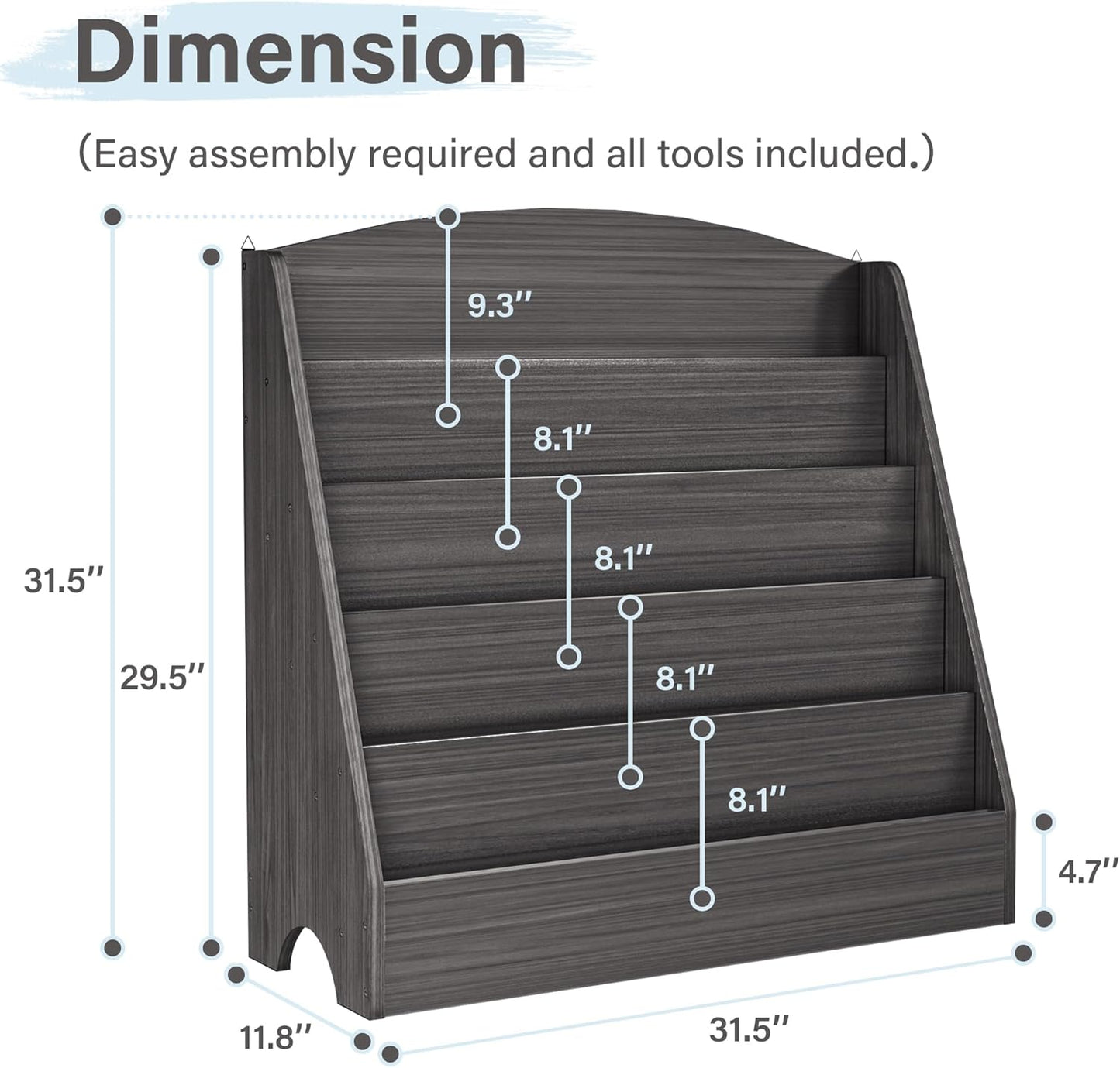 TOETOL 5-Tier Kids Bookshelf - Toddler Book Display Shelves for Classrooms, Playrooms, and Nursery - Wooden Children Book Rack (Gray Wash)