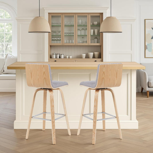 Vienna Modern Swivel Bar Height Stool with Grey Upholstered Seat and Patterned Oak Wood Frame Set of 3