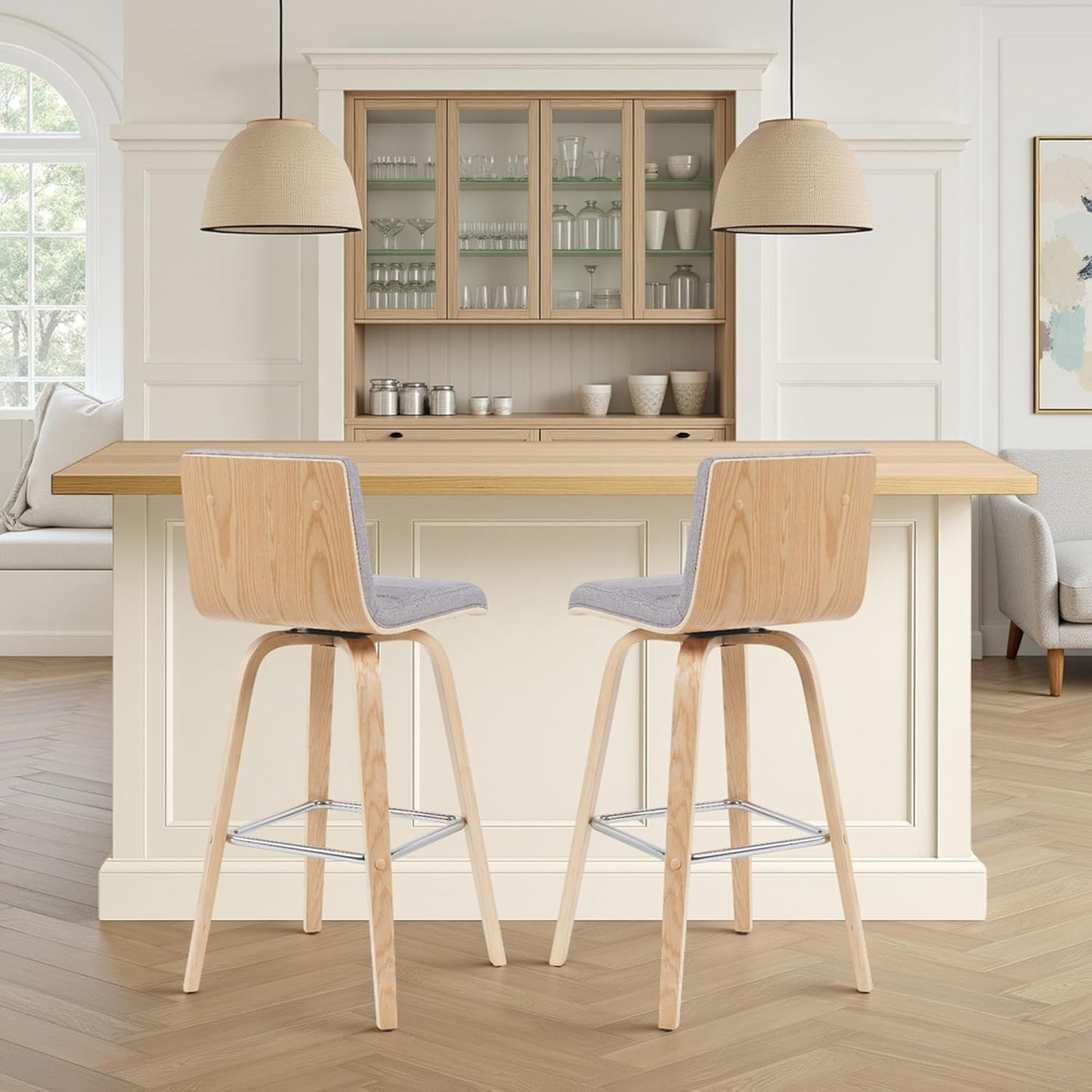 Armen Living Vienna Modern Swivel 30" Bar Height Barstool with Gray Fabric Upholstered Seat and Patterned Oak Wood Finish