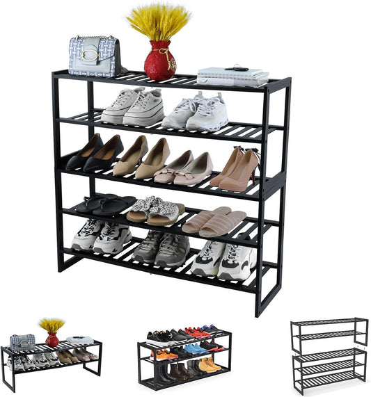 Shoe Rack Bamboo 5 Tier Shoe Organizer, Storage 20-25 Pairs for Closet Entryway, Stackable Large Tall Shoe Shelf Holder Stand Cubby for Door Hallway Bedroom Garage