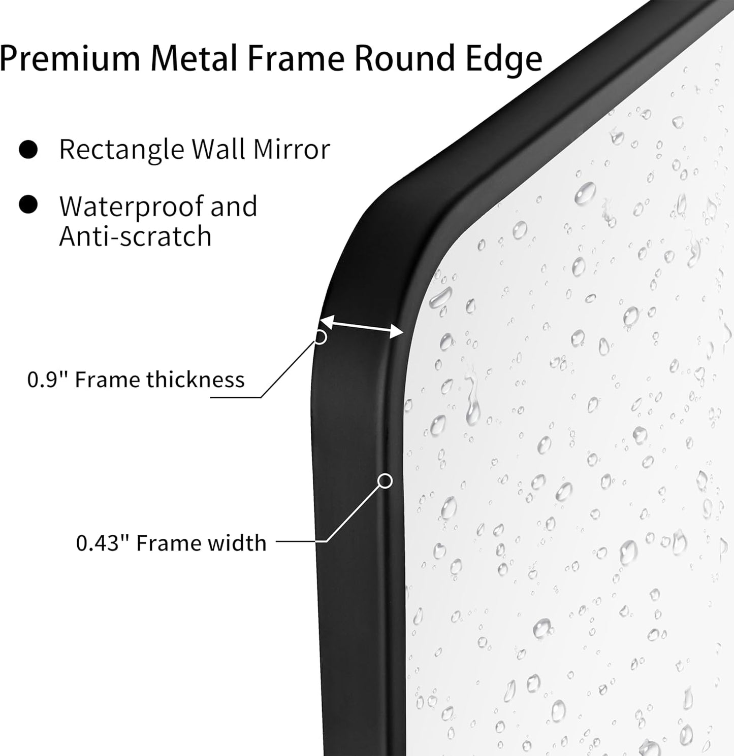 36"x48" Bathroom Wall Mirror with Matte Black Metal Frame & HD Glass, Copper-Free Mirrors Modern Rectangle Round Corner Framed Vanity Mirror - Horizontal or Vertical Installation