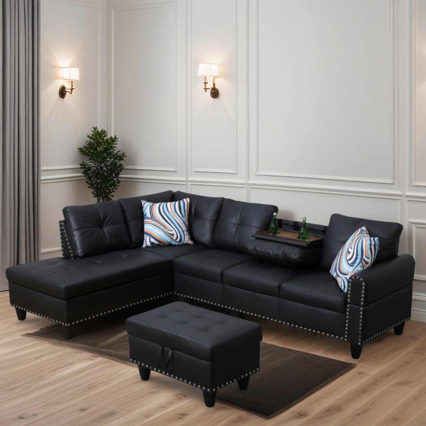 L Shaped Sectional Couches for Living Room, Modular 4 Seat Sofa with Ottoman Storage, Modern Couch with Chaise for Bedroom Apartment Furniture, Black