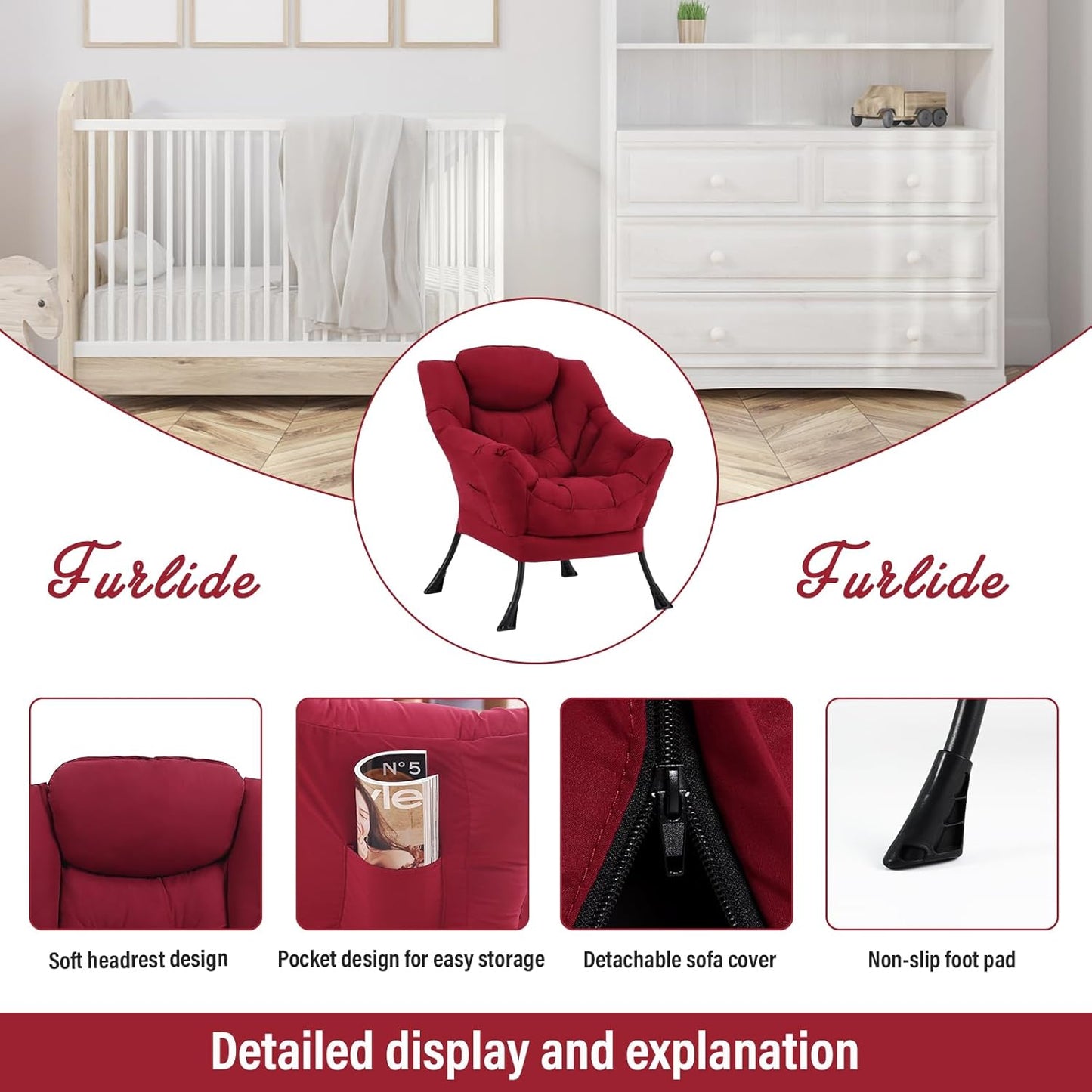Lazy Chair for Living Room, Modern Accent Chairs with Armrests, Comfy Lounge Chair with Side Pocket, Cozy Lazy Sofa for Reading, Balcony, Bedroom, Dorm, Small Spaces (Burgundy)