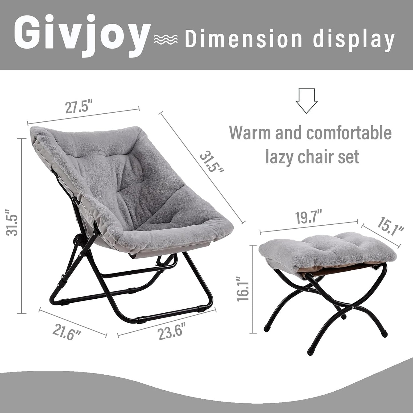 Comfy Folded Chair with Ottoman, Oversized Folding Faux Fur Chair Soft Furry Lounge Lazy Chair with Metal Frame Moon Chair Accent Chair for Bedroom, Living Room, Dorm Rooms