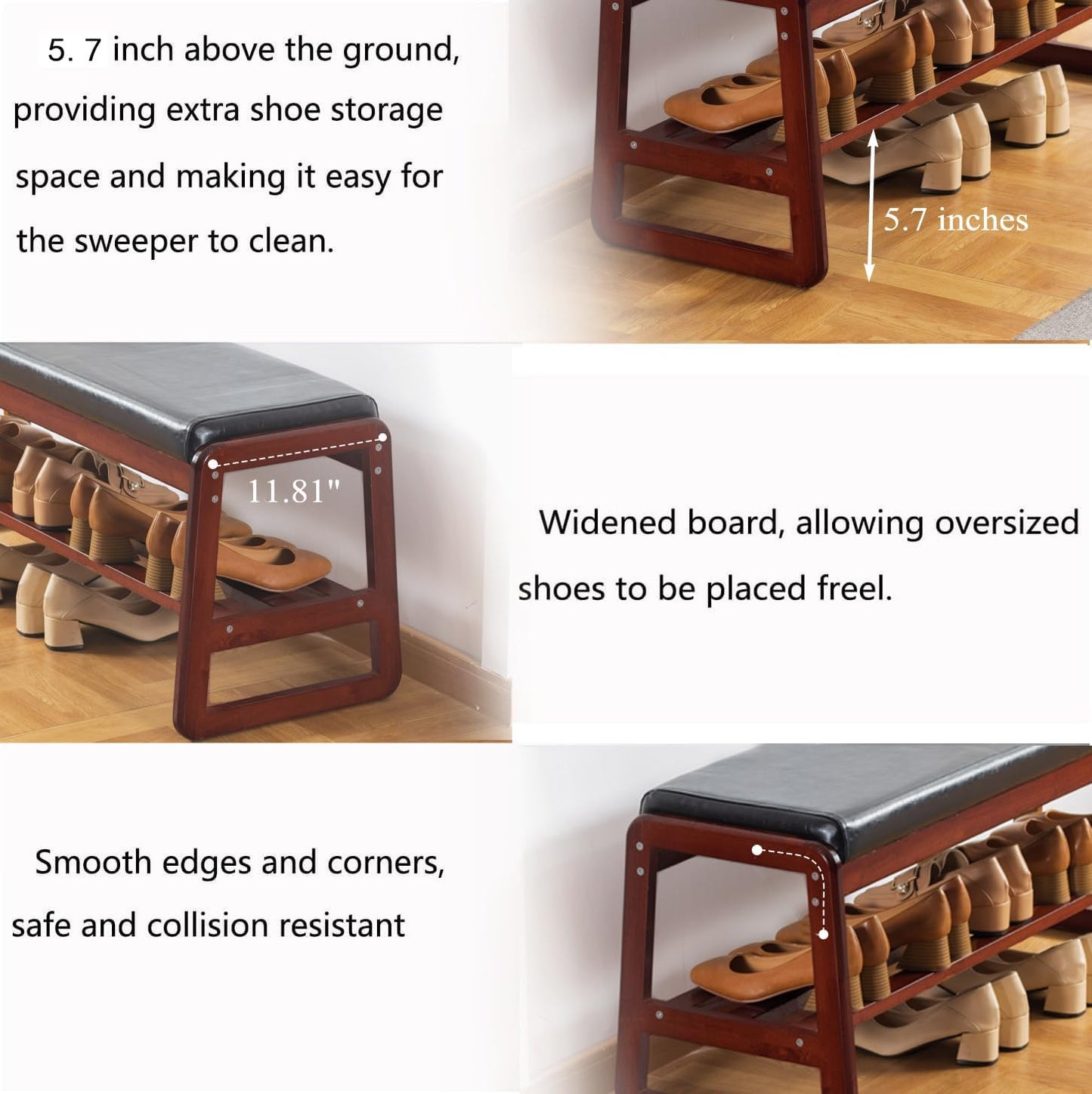 Solid Wood Shoe Bench, 2-Tier Wooden Entryway Bench, Modern Shoe Rack with Faux Leather Cushion for Hallway, Living Room (Black, 31.5'')