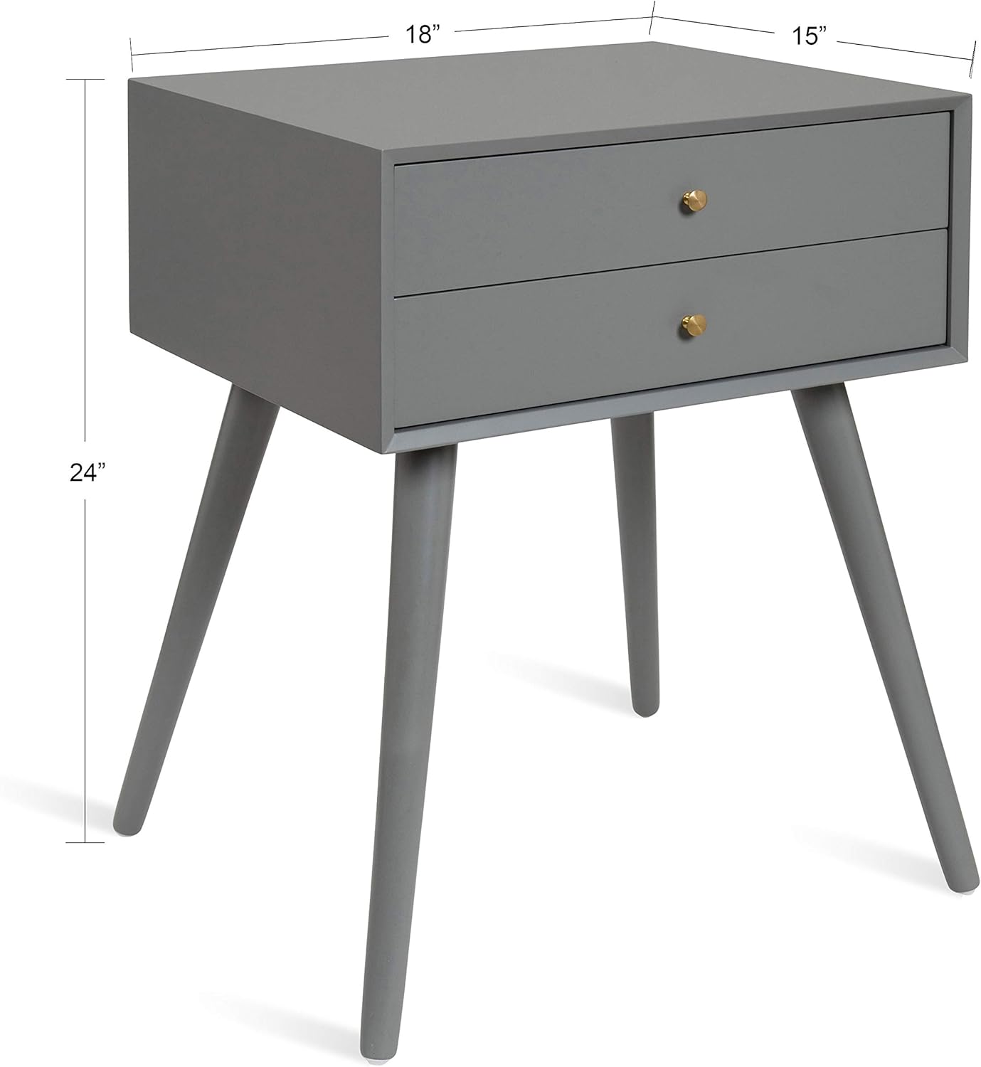Kate and Laurel Finco Midcentury Modern Style Side Table with 2 Drawers, Gray Finish with Brass Hardware
