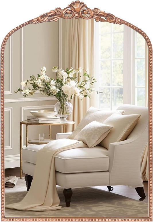 G-LEAF Vintage Baroque Mirror 24"X36", Arched Mantel Victorian Antique Farmhouse Mirror with Ornate Metal Frame for Fireplace Entryway Living Room Hallway Bathroom