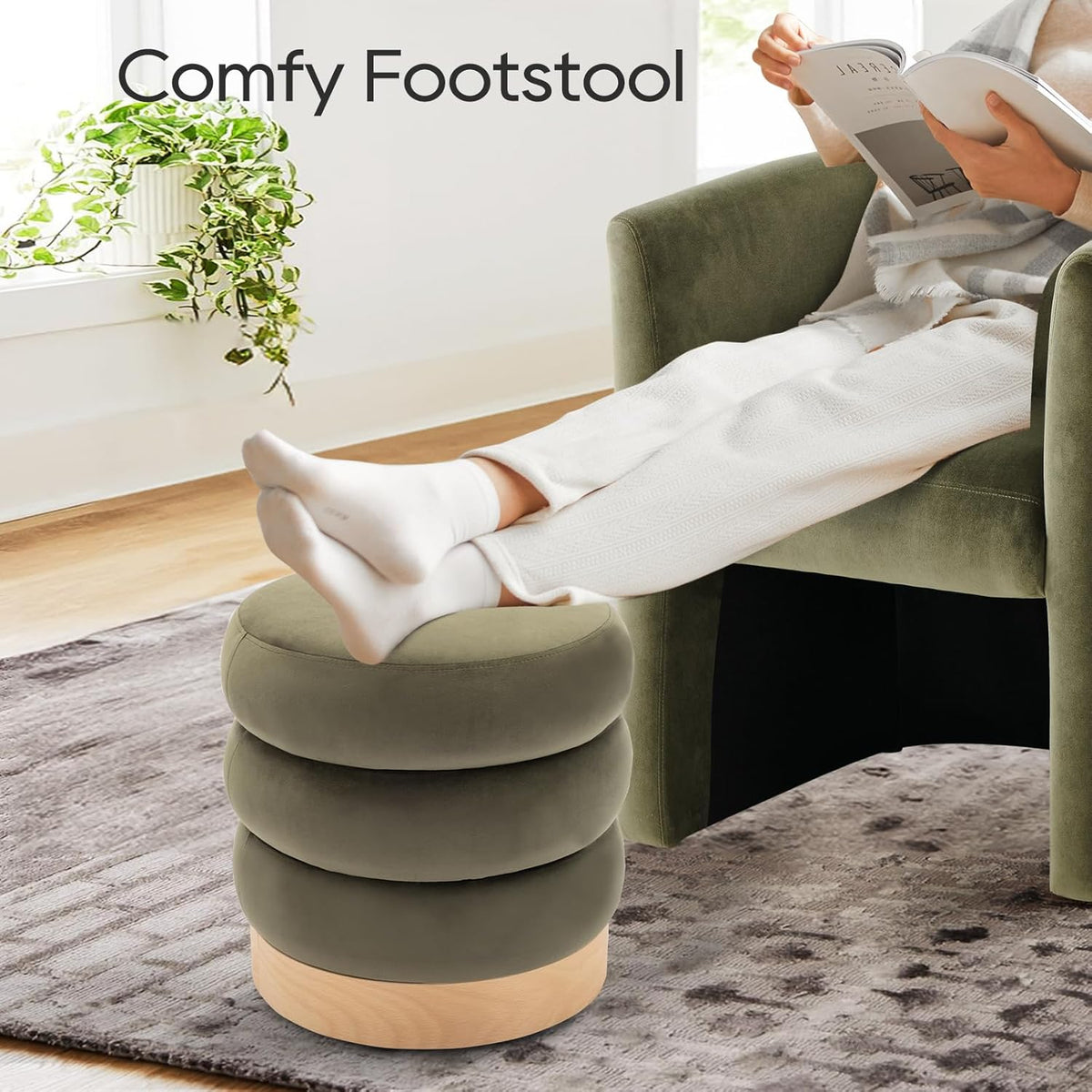COLAMY Velvet Ottoman Footstool, Tufted Modern Foot Rest Stool with Wood Base for Living Room, Bedroom, Desk, Round Versatile Side End Table, Pouf, Makeup Seat,2pcs,Green