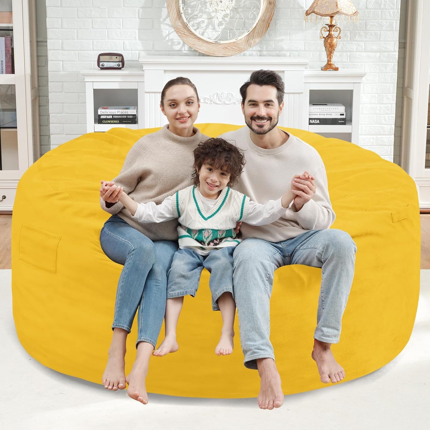 5FT Bean Bag Chair, Large Bean Bag Chairs with Memory Foam Filled, Fluffy Beanbag Sofa with Dutch Velvet Cover, Round BeanBag Chairs for Living Room, Playroom - Lemon