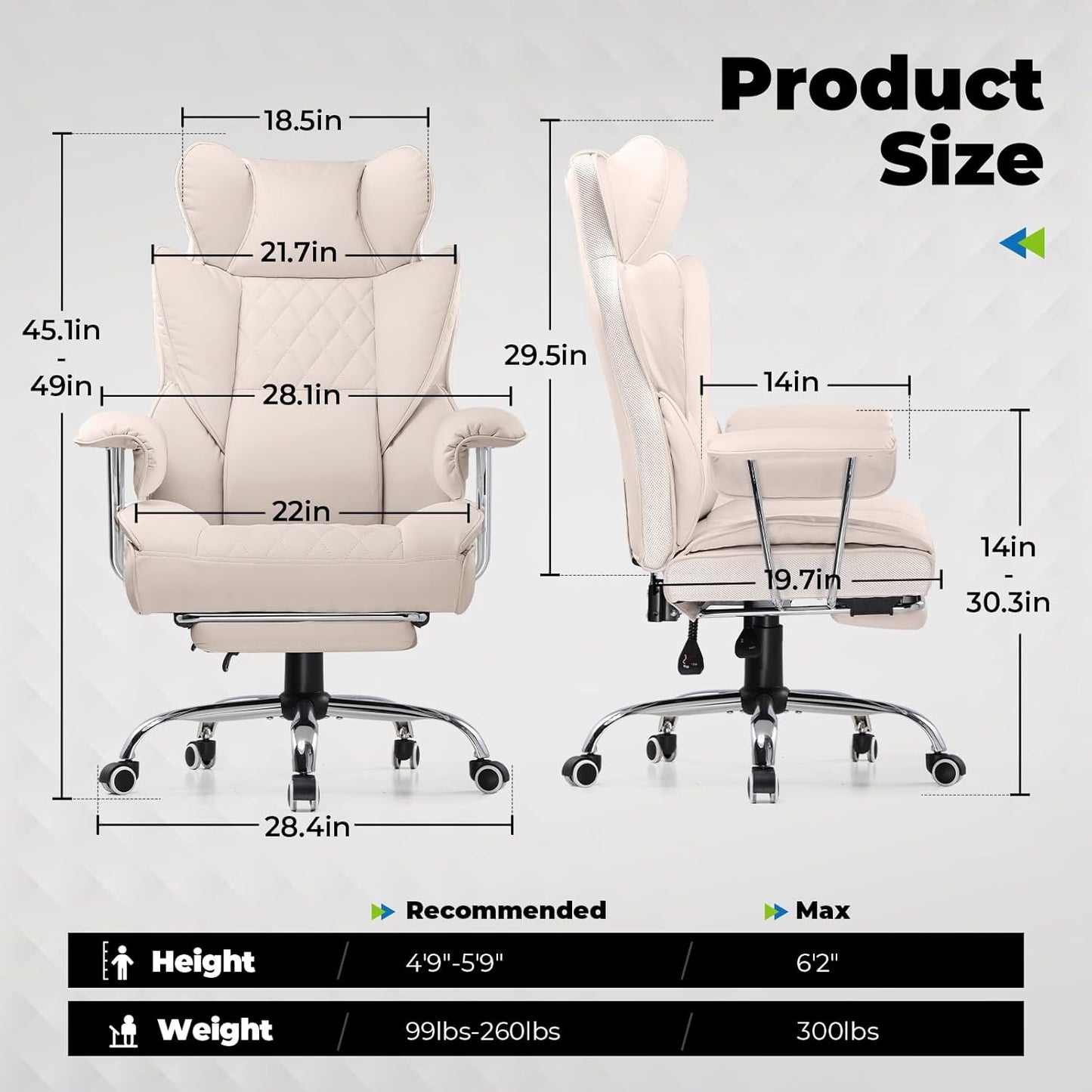 COMHOMA Big and Tall Office Chair, High Back Leather Gaming Chair with Footrest, Executive Ergonomic Office Chairs with Pocket Spring Lumbar Support and with Outward Fixed Soft Armrests
