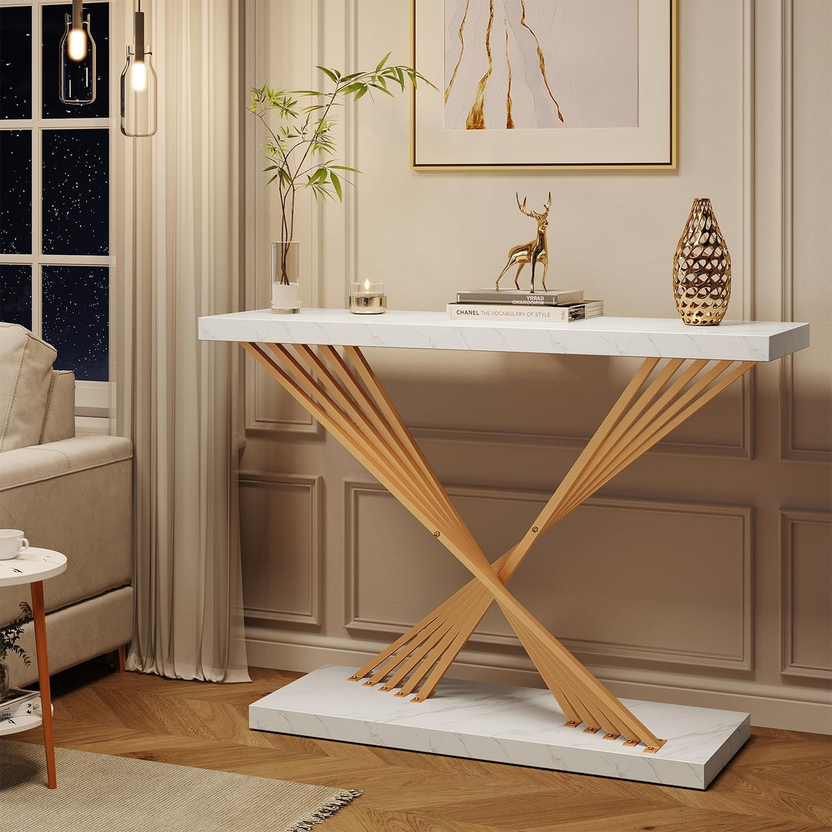 39.4 Inch Gold Console Table, White Faux Marble Modern Entryway Table Sofa Tables Behind The Couch for Entrance Hallway Living Room, X-Shape
