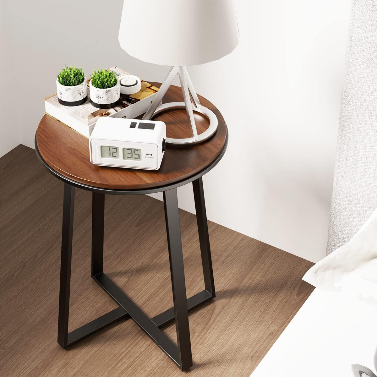 Round End Tables, Small Side Table Walnut Color MDF Top, Metal Frame Black, Tall End Table for Bed Room, Coffee Tea End Table for Living Room(Walnut+Black)