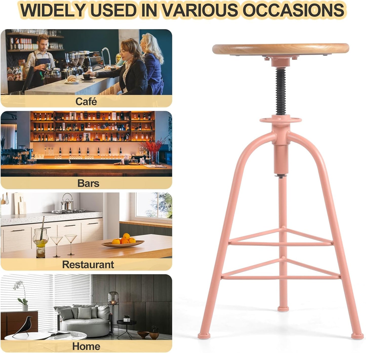 Set of 2 Modern Bar Stools-24.4-28.3 Counter Height Adjustable Patio Stool-Industrial Dining Stool for Home Kitchen-Retro Cafe Chairs with Swivel Wooden Seat