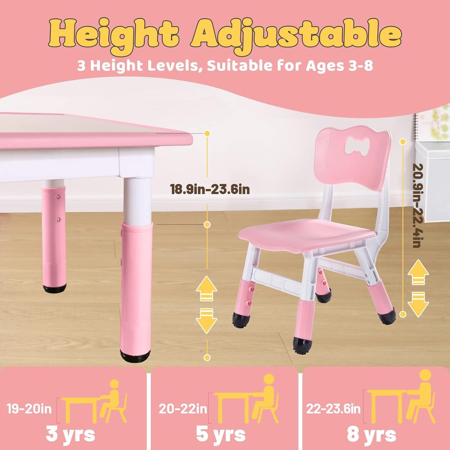 FUNLIO Kids Table and 2 Chairs Set, Height Adjustable Toddler Table and Chair Set for Ages 3-8, Easy to Wipe Arts & Crafts Table, for Classrooms/Daycares/Homes, CPC & CE Approved (3pcs Set) - Pink