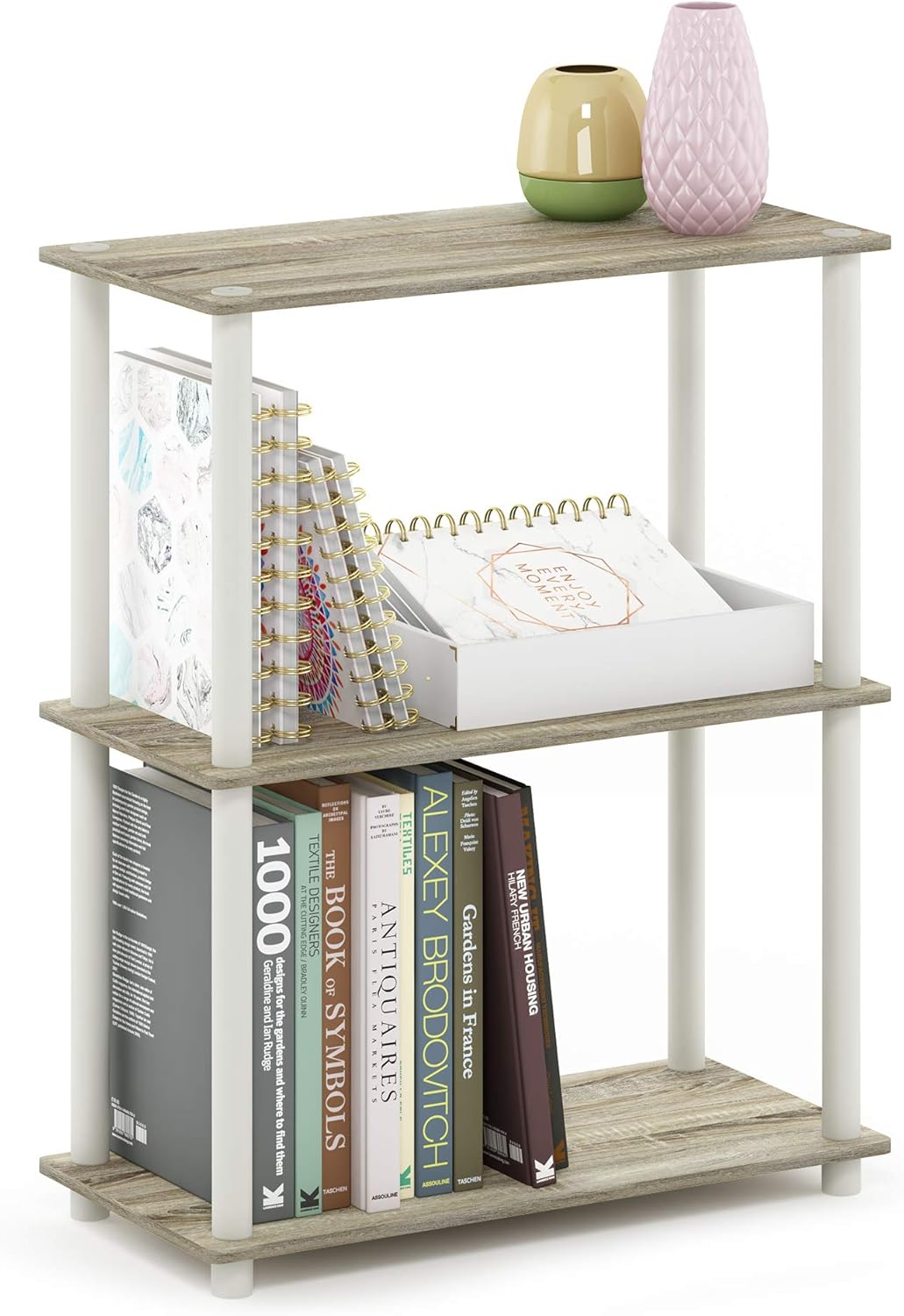 Furinno Turn-N-Tube 3-Tier Compact Multipurpose Shelf Display Rack, Sonoma Oak/White