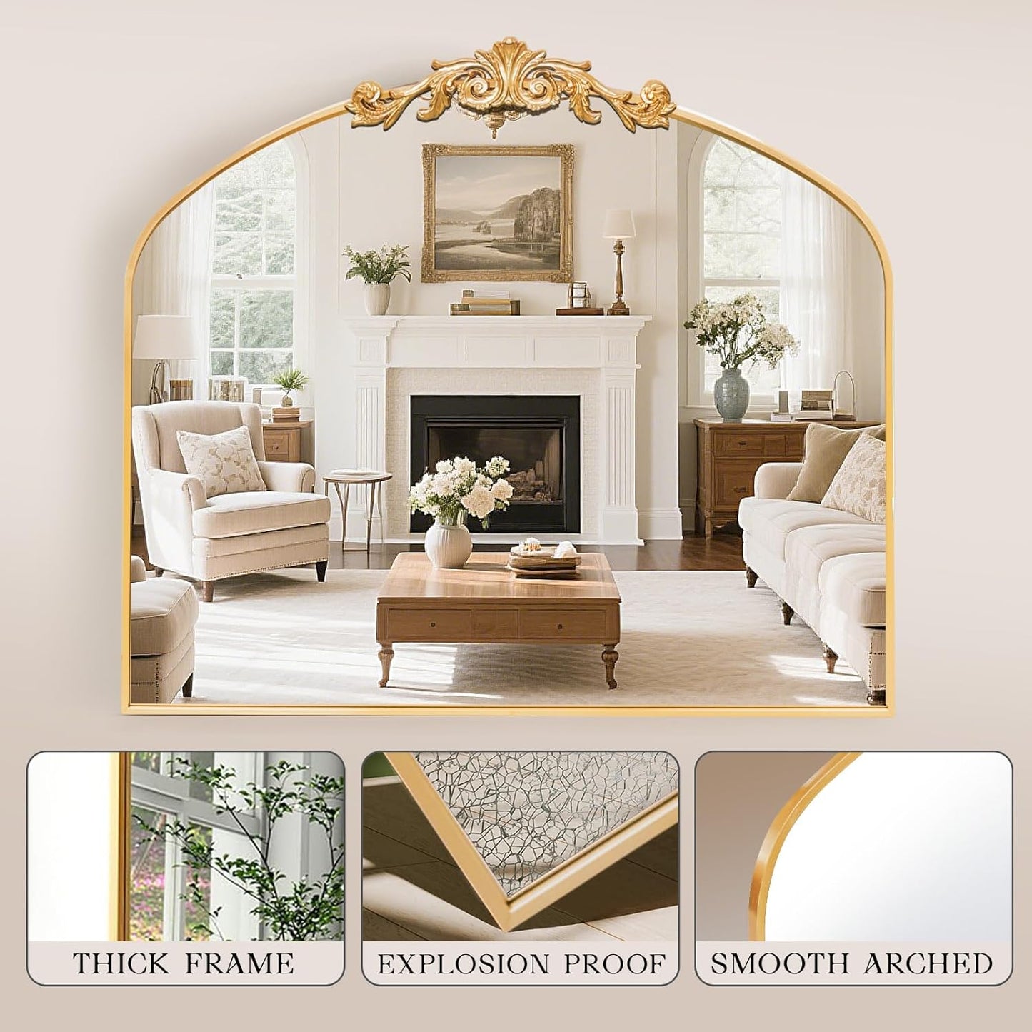 MISSDAY Vintage Gold Baroque Mirror for Wall, 36"X30" Arched Antique Wall Mirror with Elegant Carving Top, Full Metal Frame Wall-Mounted Mirror for Bathroom, Living Room, Fireplace, Entryway, Hallway