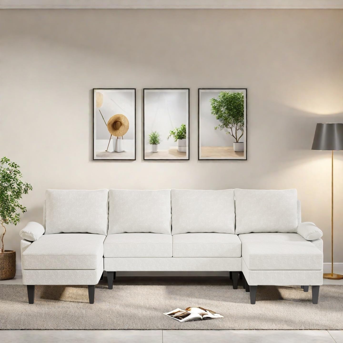 115 Inch U Shaped Sectional Couch with Chaise, 5-Seat Sofa with Moveable Ottoman, Modern Modular Sofa for Living Room, Apartment, Off-White