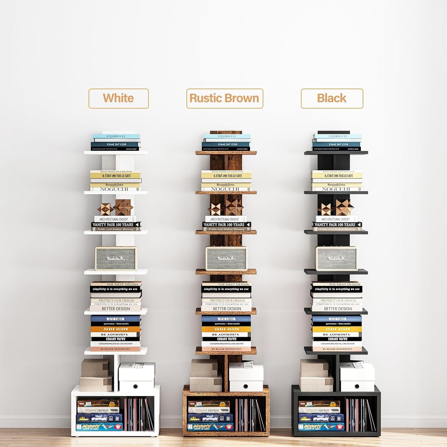 TUTOTAK Narrow Bookshelf, Vertical 8-Tier Bookcase, Spine Book Shelf for Small Space, Small Standing Shelf for Living Room, Office, Study, Entryway, White BS07BW008