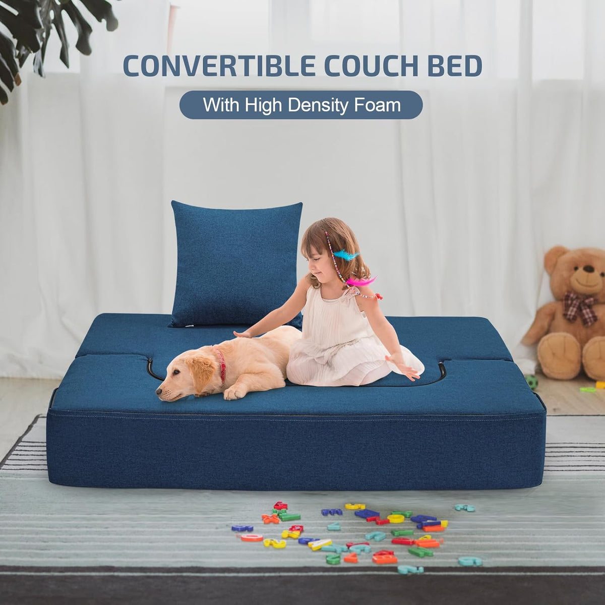 2-in-1 Folding Sofa Bed with Pillow - Folding Chair Floor Couch & Sleeping Mattress - Washable Cover & Memory Foam Sleeper Chair for Living Room/Guest Room/Apartment/Loft, Navy Blue