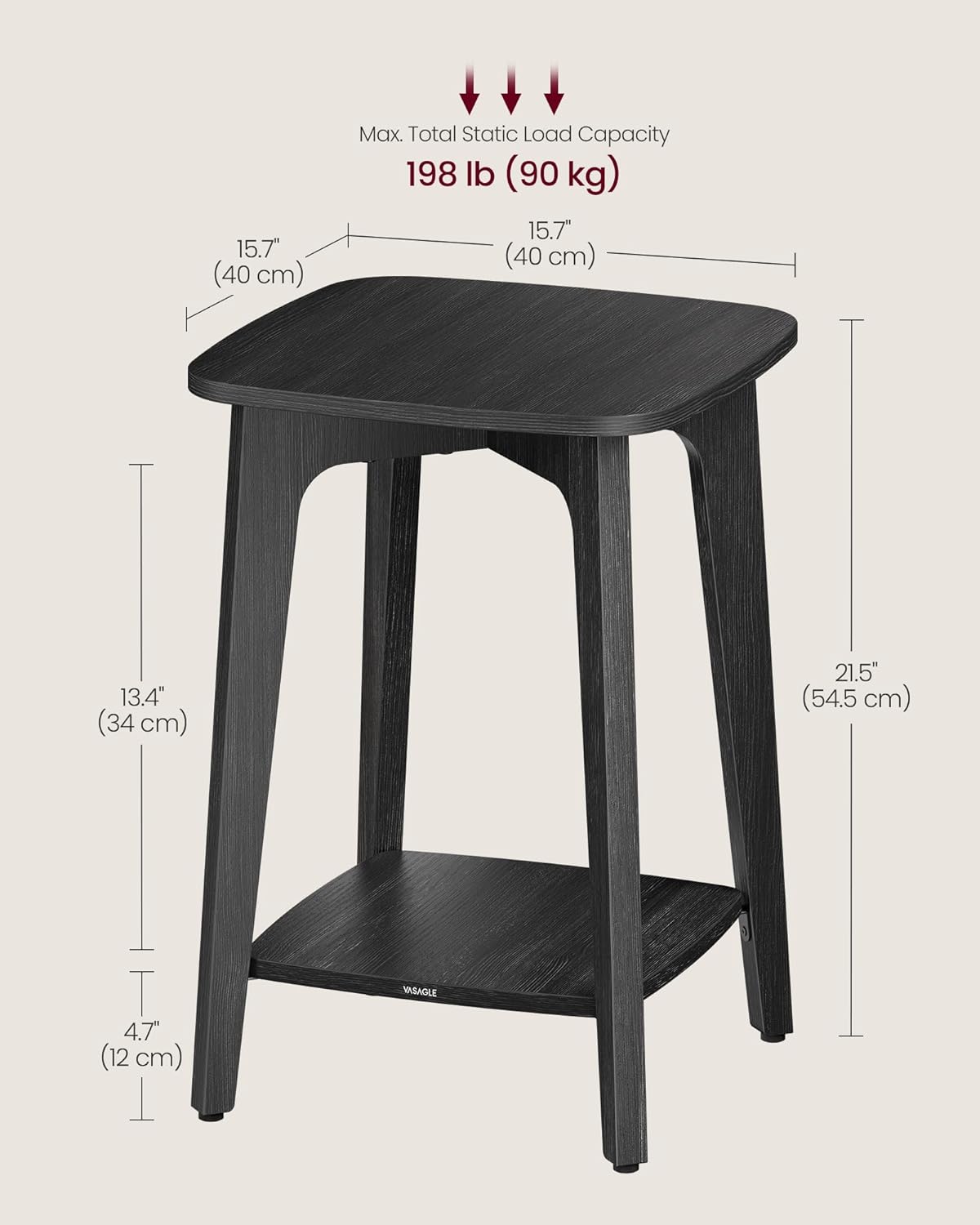 VASAGLE Side Table, Small Square End Table with Lower Shelf, Nightstand for Small Spaces, Living Room, Bedroom, Charcoal Gray ULET236B01