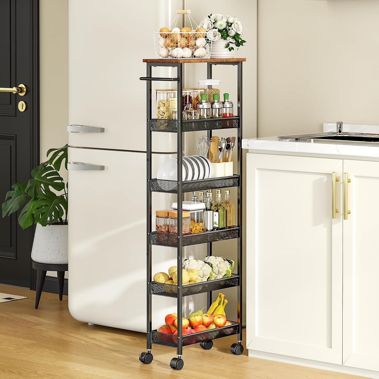 6 Tier Slim Storage Cart with Handle, Rolling Kitchen Laundry Room Storage Cart with Wooden Top, Narrow Metal Bathroom Trolley on Wheels for Small Space, Mobile Shelving Unit, 7.9in(W)